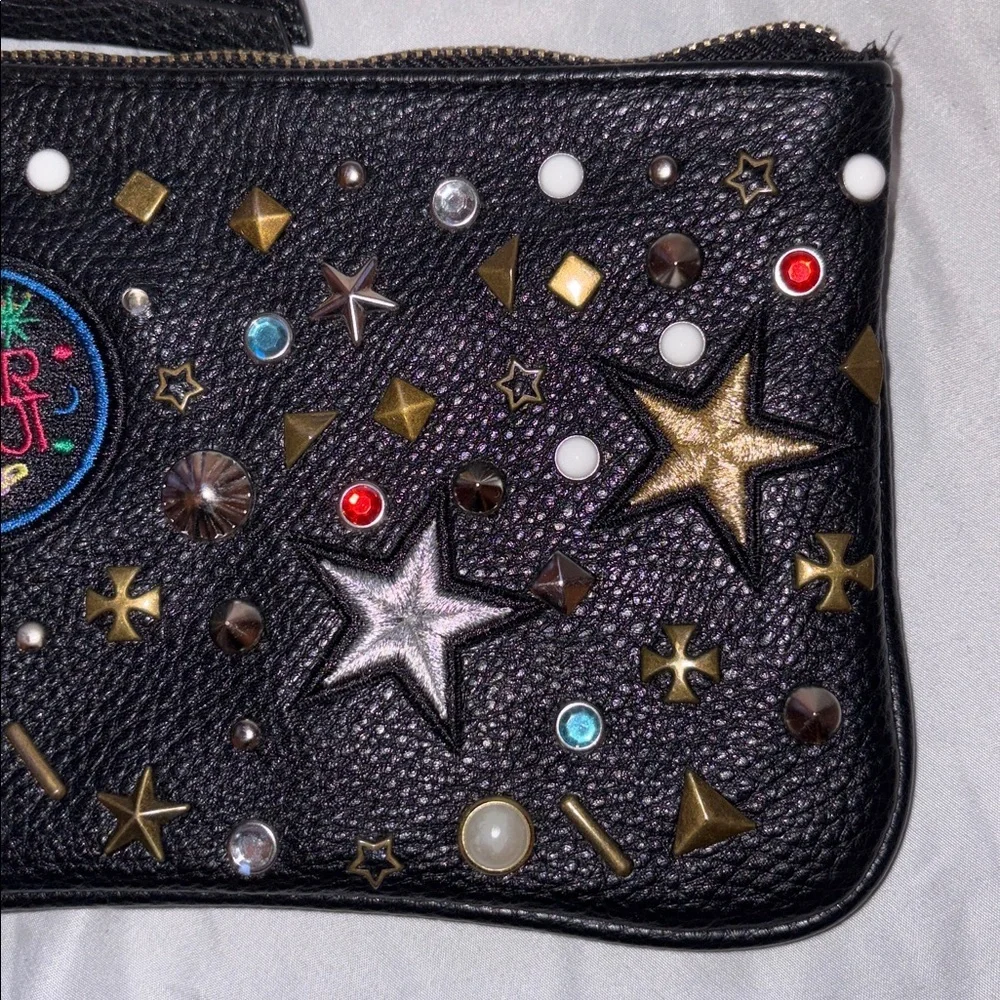 Steve Madden Far Out Space Studded Star Patch Rainbow Rhinestone Black Wristlet